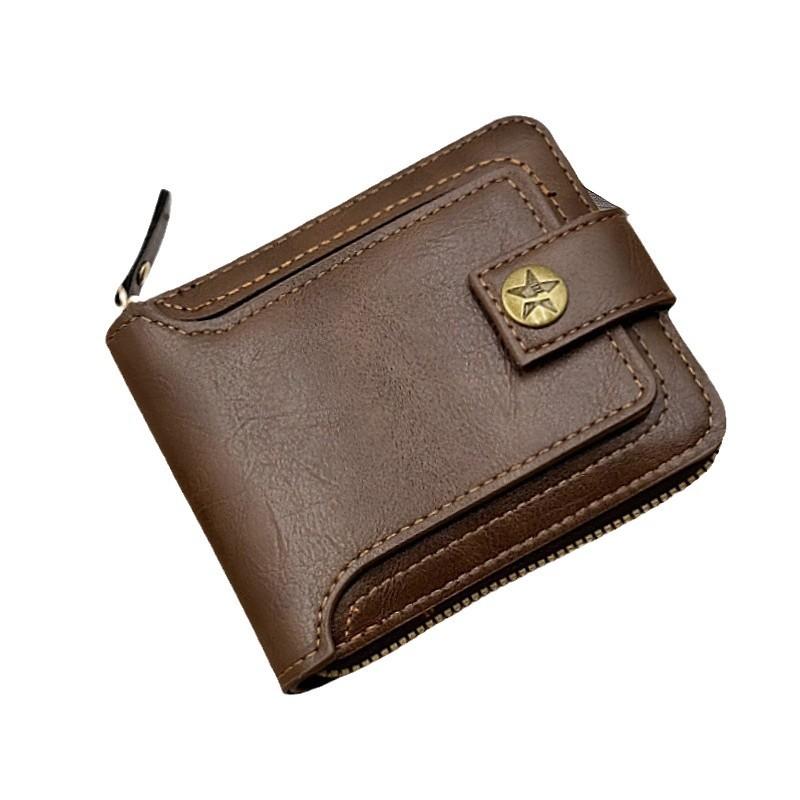 Vintage Horizontal Zipper Men's Wallet Short Card Holder Leather Bifold Wallet Genuine Leather Business Casual Multi-Function Wallet
