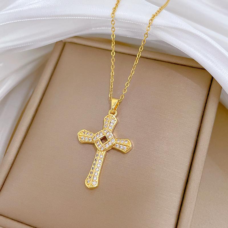 Rotating Cross Light Luxury Temperament Gorgeous Full Diamond Necklace Female Versatile Collarbone Chain Titanium Steel Chain