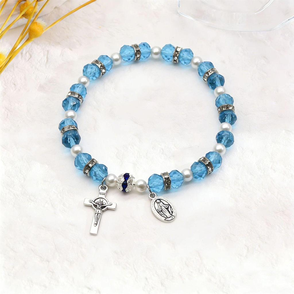 Retro Virgin Mary Pendant Pearl Bracelet with Oval Charm and Flower Design for Women