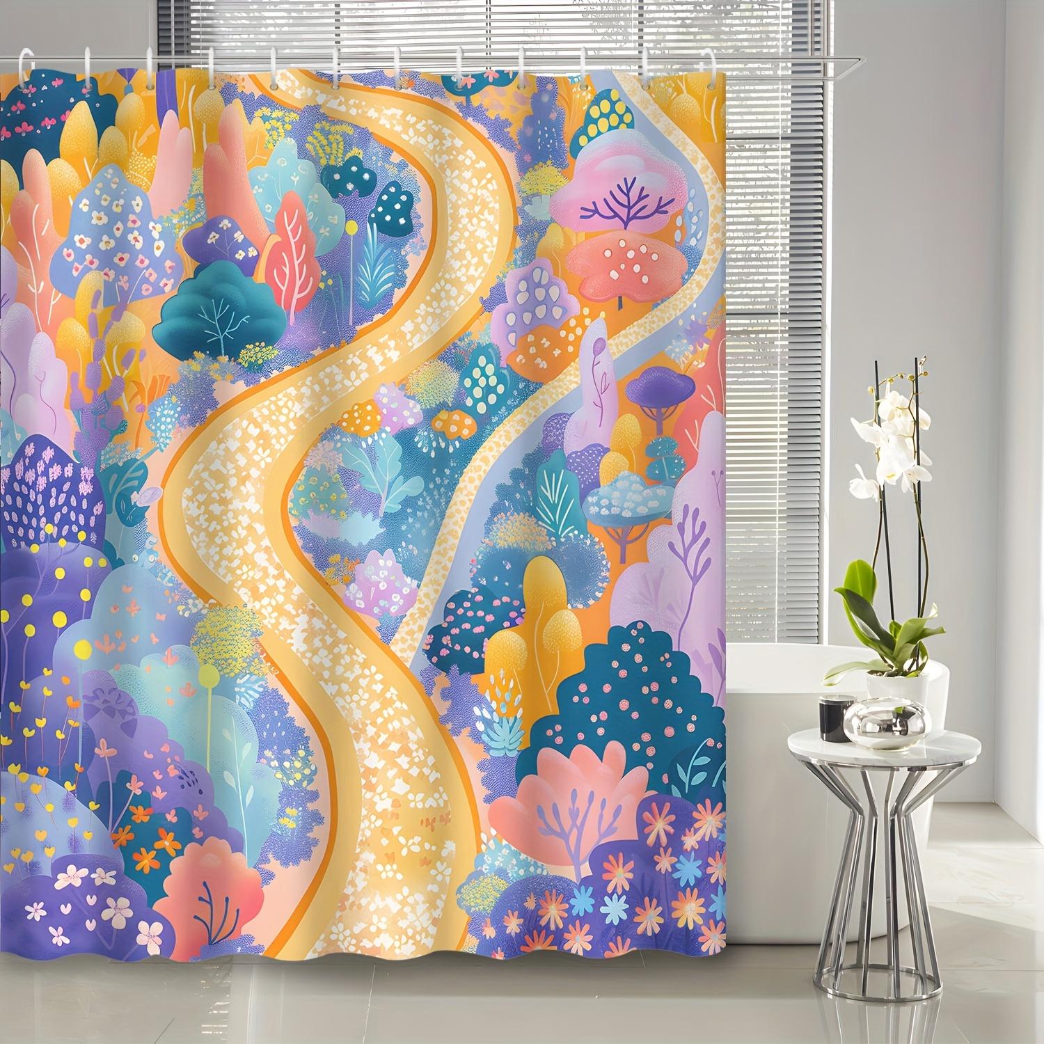 

1Pc Cartoon Colorful Forest Shower Curtain, Decorative Printed Bath Towel With Hooks Included, Bathroom Accessories 90x180cm35x71in