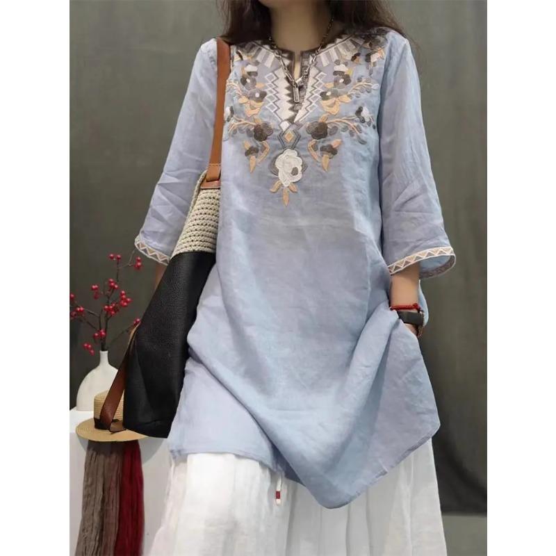 Sommer Schwerindustrie Damen Vintage Bestickt Mittellang Locker Leinen Stilvoll Lässig Pullover