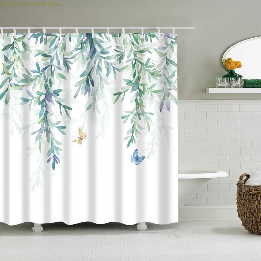 Plant Leaves Bathroom Shower Curtains Waterproof Hooks Hanging Curtain Bath Screen Decor Flowers Tree Print Shower Curtain.