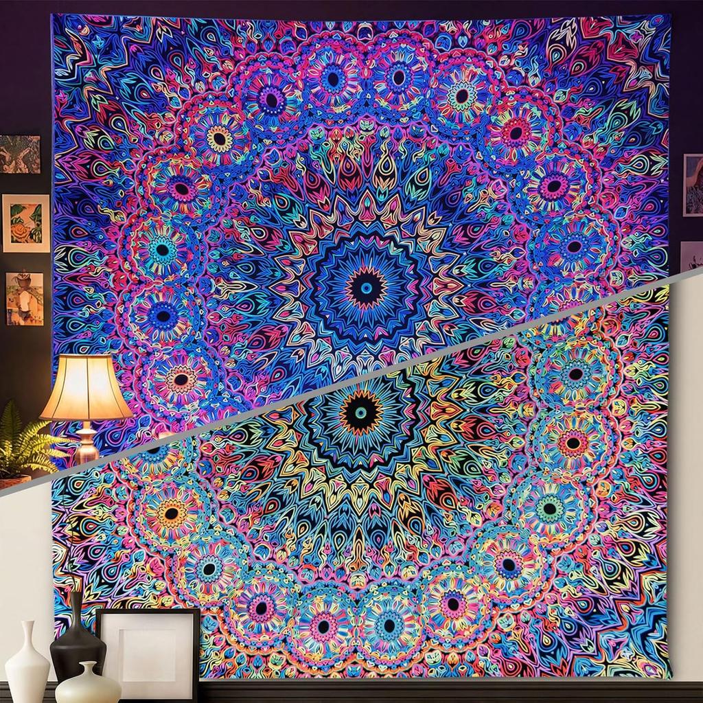 PRRPRR Blacklight Mandala Tapestry for Bedroom, UV Reactive Trippy Wall Tapestry, Bohemian Aesthetic Wall Art Decor for Adults Teens and