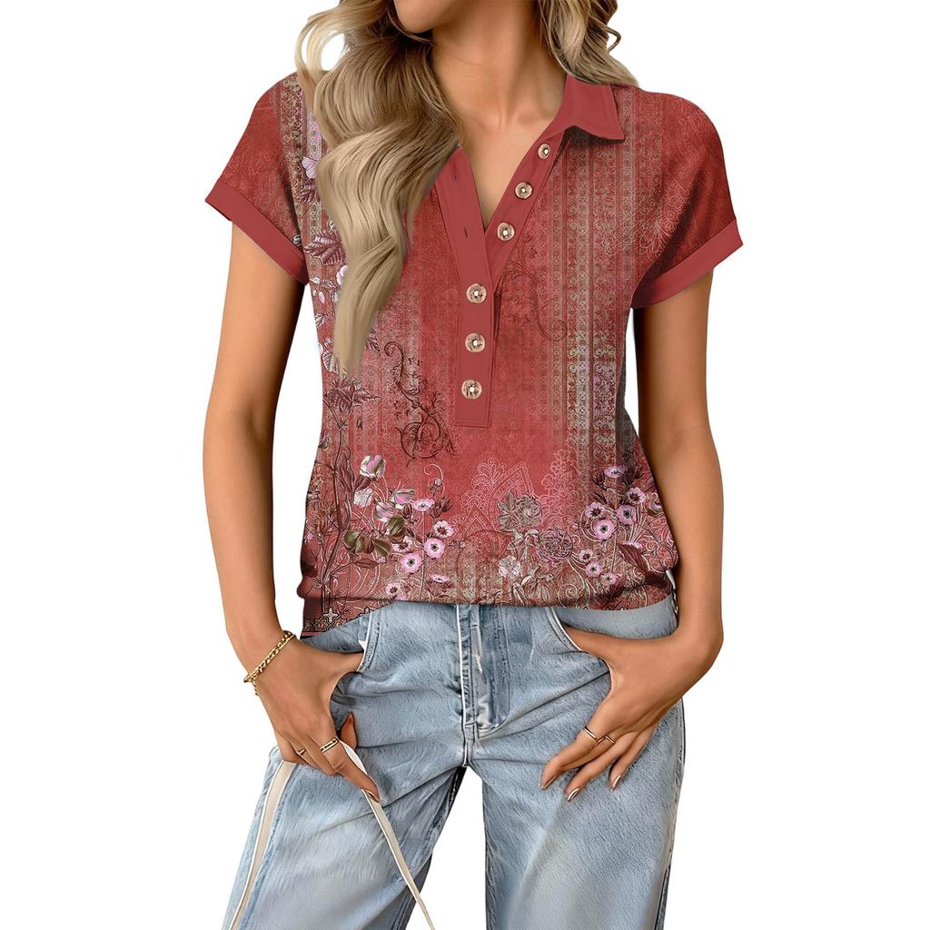 Modny i casualowy damski letni top z dekoltem V, patchworkowy, z krótkim rękawem, w stylu retro z nadrukiem