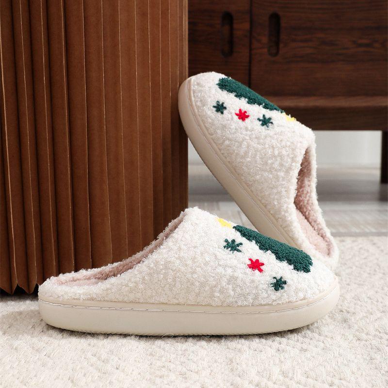 Cute Cartoon Smiley Face Christmas Hat & Tree Strawberry Cotton Slippers, Cozy & Warm Couple Style.