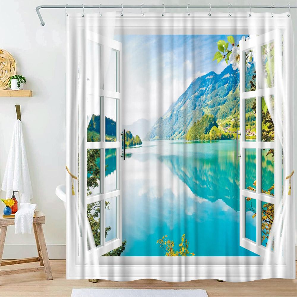 Waterfall Shower Curtain Natural Landscape Outside Window Scenery Forest Flowing Stream Bathroom Decor Polyester Bath Curtains