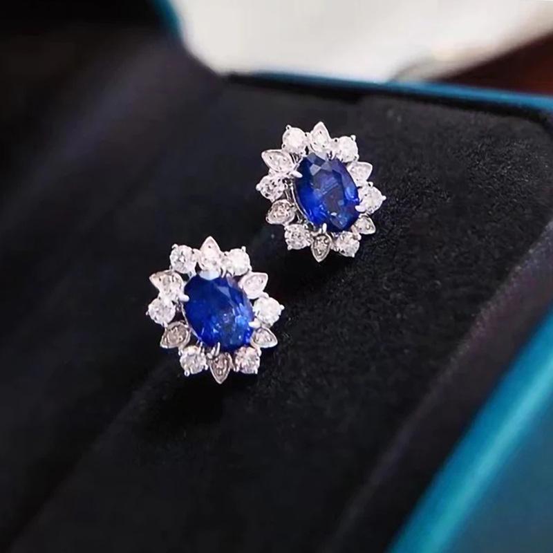 Oval Royal Blue Gem Floral Halo Stud Earrings Marquise Clear Stone Cluster Ear Studs for Women Wedding Banquet Jewelry