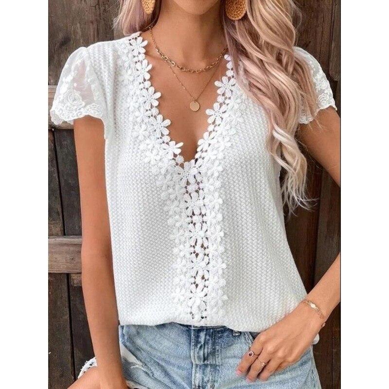 Blusas Summer Lace Solid Short Sleeve Casual T-shirt Womens Loose Shirt Women V-Neck Tee Shirt Casual Top Solid Top 28332