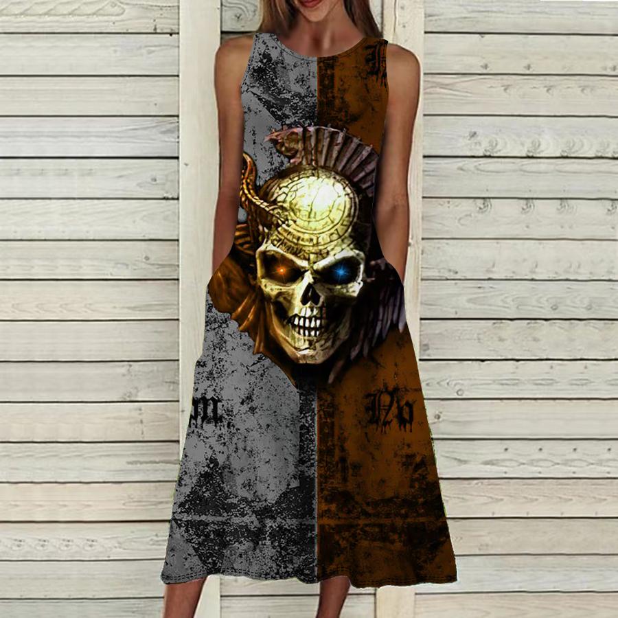 Moda de vară Rochie sexy fără mâneci Moale Casual Rochie cu imprimeu schelet întunecat Rochie fără mâneci Rochie cu bretele de vară