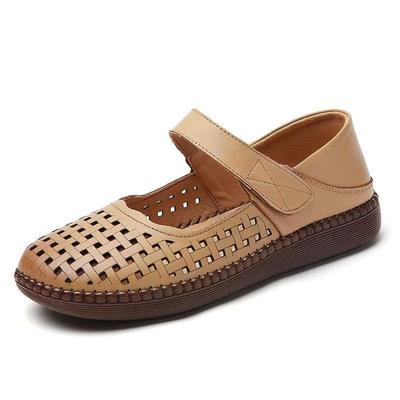 Sandali Estivi Nuovi da Donna in Vera Pelle Traforata Baotou Suola Piatta Suola Morbida Antiscivolo Punta Tonda Scarpe Nude Velcro Scarpe per Anziani