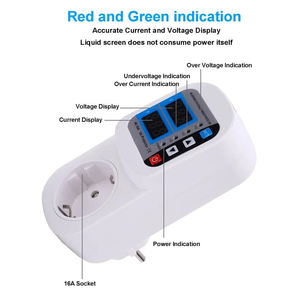 Surge Protector Outlet 16A Adjustable Digital Display Automatic Voltage Current Guard Socket for Home Voltage Regulator