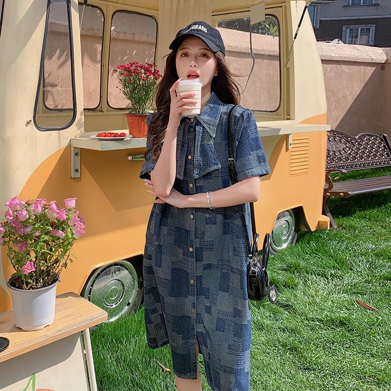 

Женское летнее джинсовое платье с коротким рукавом: Свободный, утягивающий, прикрывающий живот, рубашка средней длины Large джинсовый синий