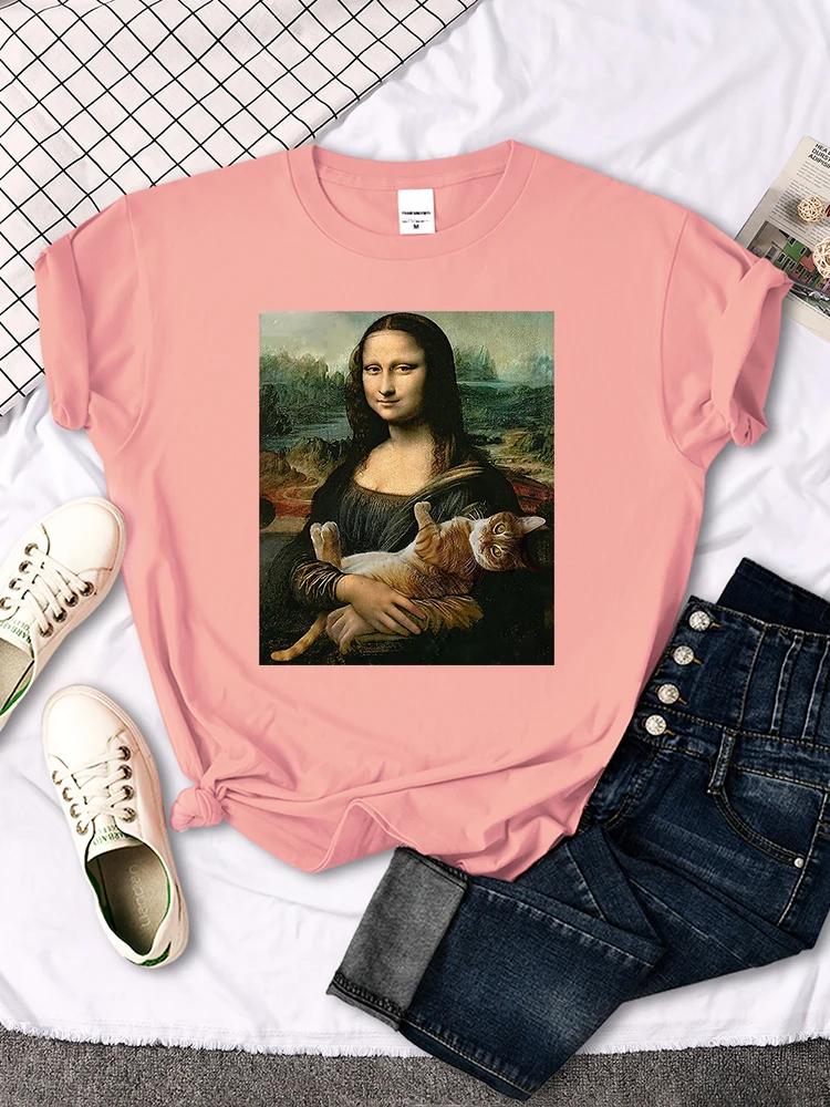 Mona Lisa T Shirts Funny Cat Lovely Cute Printed TShirt for WomenS Crewneck Gothic Women Tshirt Casual Female Tee Shirts