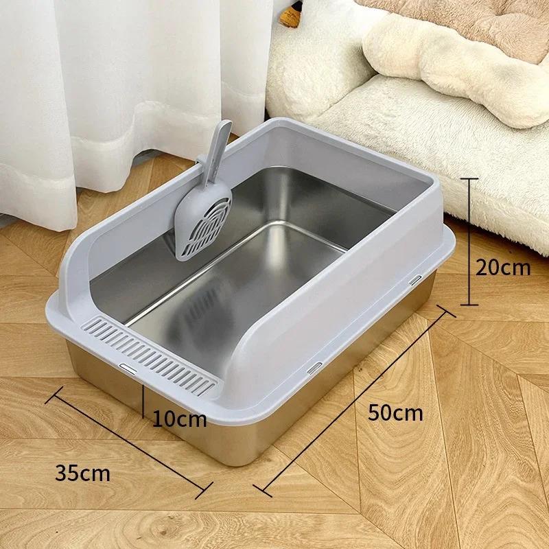 

Кошачий туалет из нержавеющей стали большой вместимости - Полузакрытый, с высоким бортиком и защитой от брызг, практичный кошачий туалет, товары для питомцев