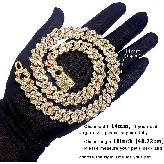 Dog Chain Collar Walking Metal Chain Collar Cuban Link Dog Collar with Secure Buckle 14MM Pet Gold Silver Chain Dog Collars for Small Medium Large