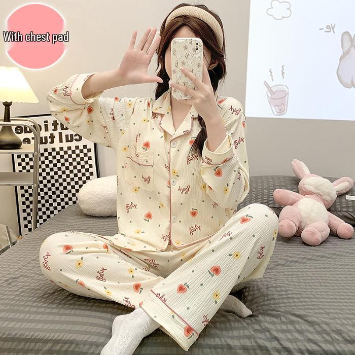 2024 Cute Spring/Autumn Women's Crepe Pajama Set with Chest Pad, Lapel Cardigan, Long-Sleeved Top, and Trousers.