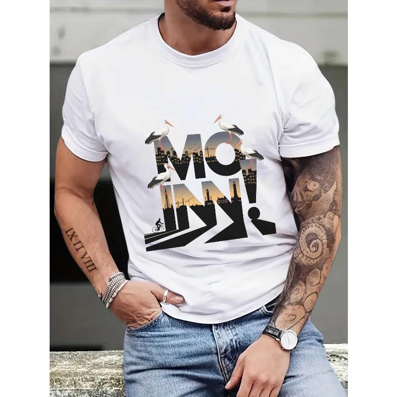 European sizes Men S Summer T-Shirt in s Featuring a Stork Design with MOIN Cityscape Lettering, Short Sleeves, And a Trendy Casual Style 2XL