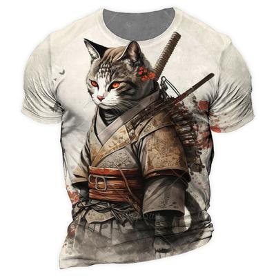 Samurai Cat O-Neck Men's Shirts Summer Male 3d Print Short Sleeve T Shirts Oversized Man Casual Top Tees Daily Animal Clothing