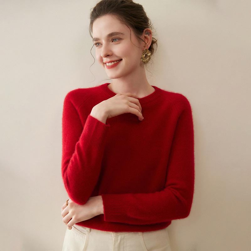 Women's Pure Cashmere Sweater - Round Neck, Loose Fit, Thickened Knit Base Layer with Raglan Sleeves, Skin-Friendly for Autumn/Winter.