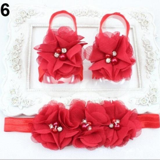 Cute Newborn Baby Infant Girl Rose Flower Headband + Barefoot Ring Sandals Shoes