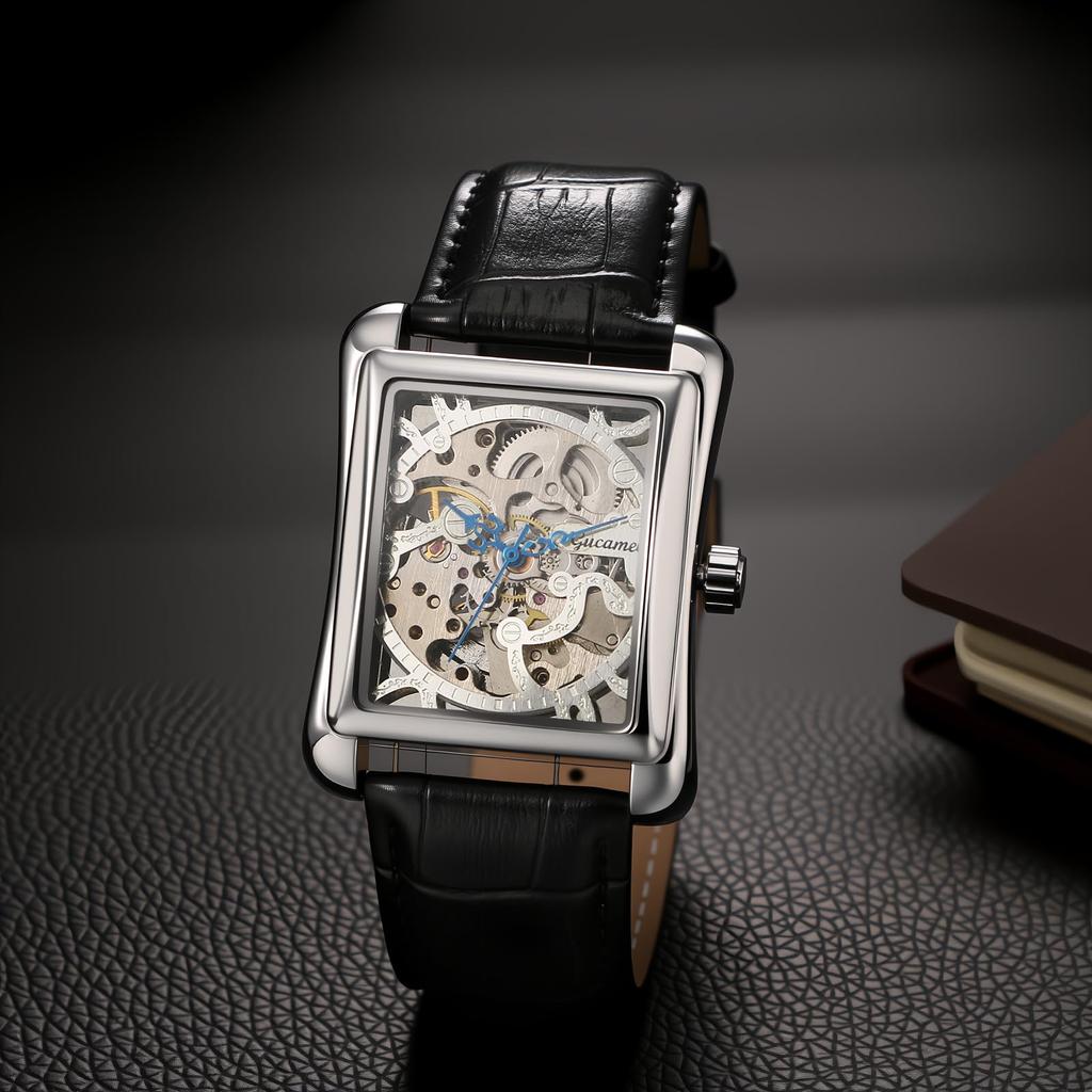 Reloj Skeleton para Hombre, Automático, Correa de Cuero, Resistente al Agua, Estilo Antiguo, Analógico, Diseño Cuadrado, Accesorio de Moda, Día de San Valentín, Navidad,
