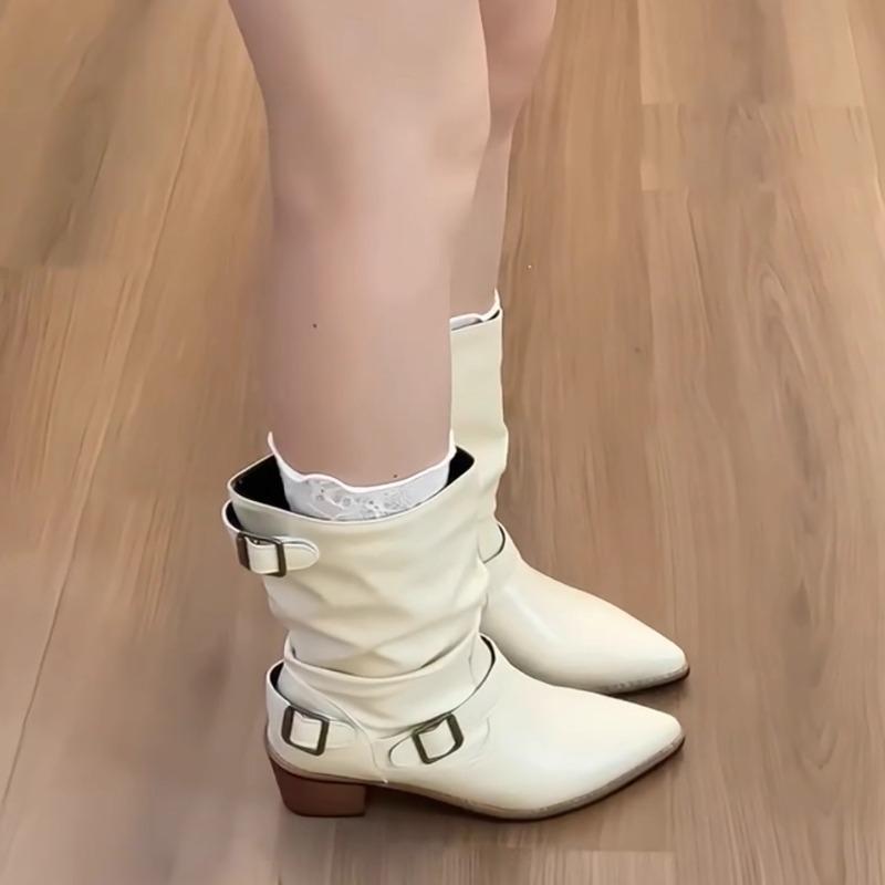 Fashion Belt Buckle Block Follower Boots Women's Fashion Pointed Toe Sleeve Pleated Anti-Slip Wear-Resistant Medium Heel