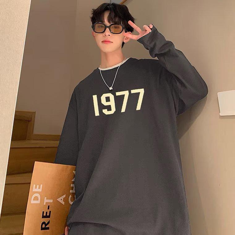 2024 Herren-Langarm-T-Shirt im japanischen Retro-Stil von 1977: High Street Vibe, Pullover mit überschnittenen Schultern für Frühling/Herbst