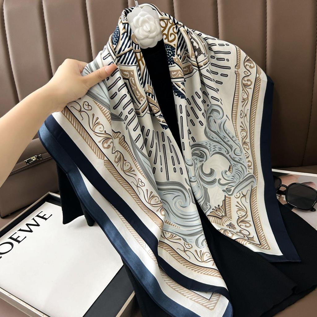 Silk Neckerchief: 90x90 Large Chic Square Scarf for Women - Perfect for Spring, Autumn, Winter Fashion