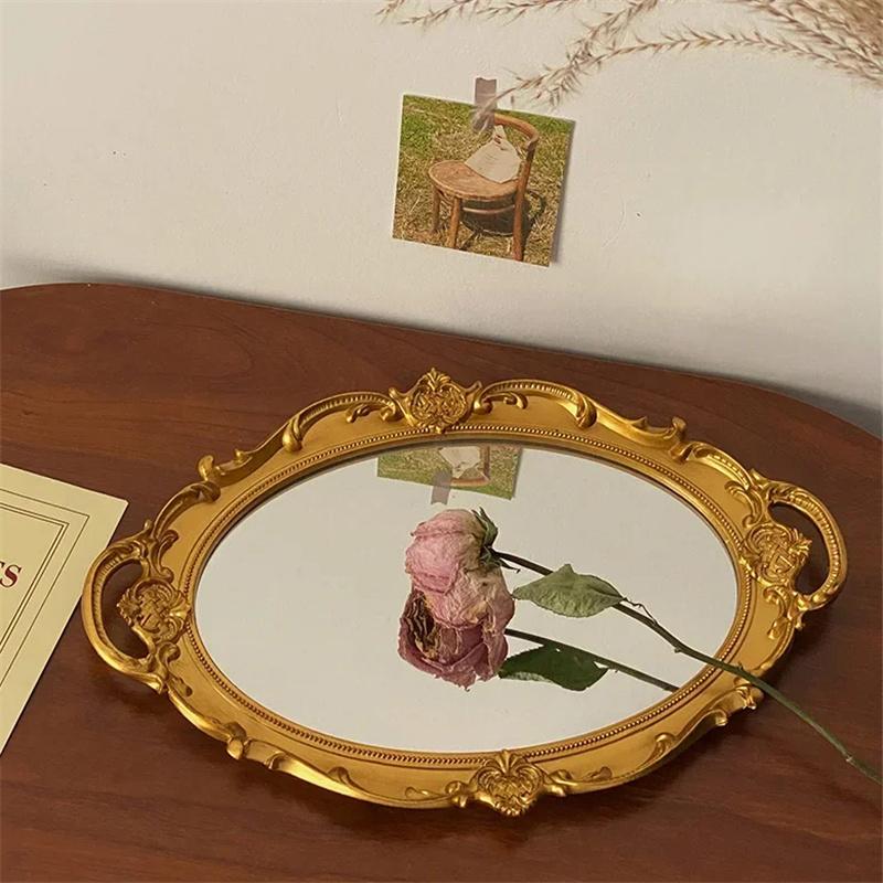 European Decorative Plate Storage Tray Portable Oval Plate Jewelry Display Decor Candy Tray Vintage Make Up Mirror