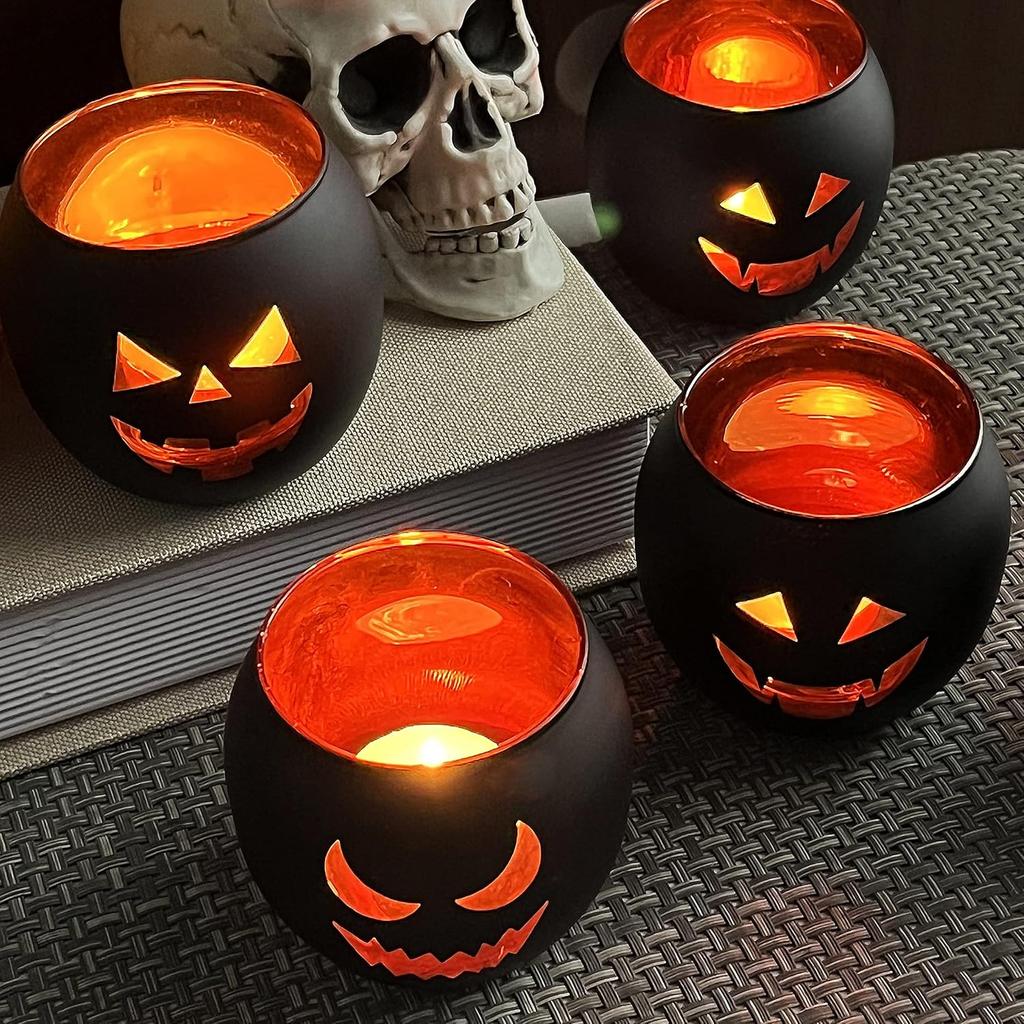 Halloween Table Decor Set of 6, Jack O Lanterns Black Glass Votive Tealight Candle Holders, Halloween Decorations Indoor Party Mantel Coffe Table