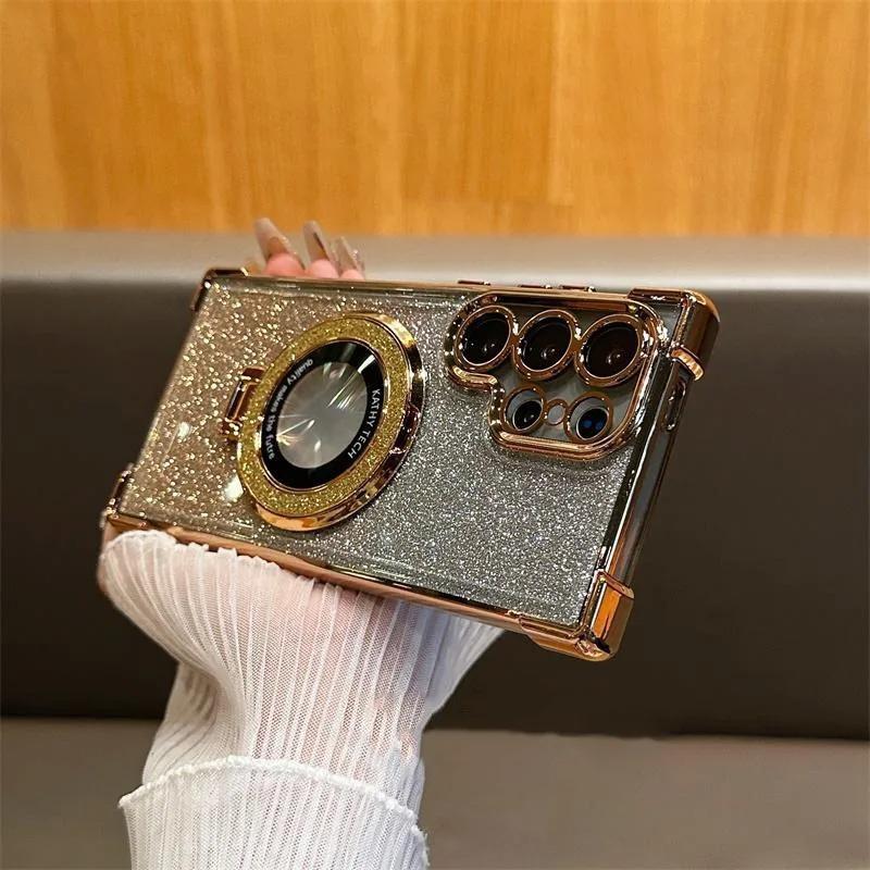 Suitable for Samsung S25 Ultra Flash Powder Magnetic Suction Bracket Mobile Phone Case A56 Electroplated Four Corner Anti Fall NOTE20 Case A36