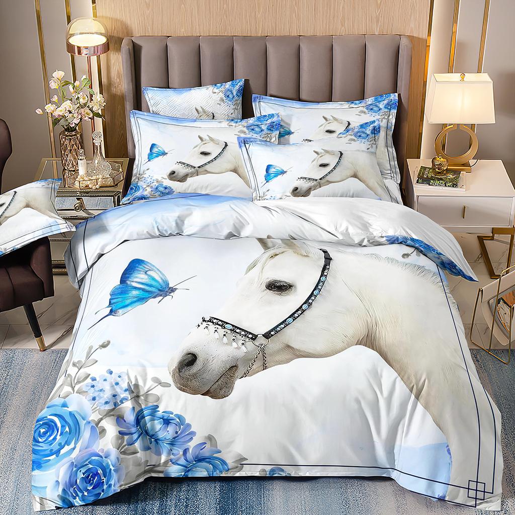 Horse Three-Piece Flower 3D Digital Printing Quilt Cover Bed Sheet Pillowcase Bedding Kit