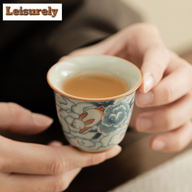 2 Stück/Los Wolkenhase Ru Ofen Porzellan Teetasse Zen Teeschale Probier-Teetasse Dufttasse Jianzhan Meistertassen Teegeschirr Zubehör