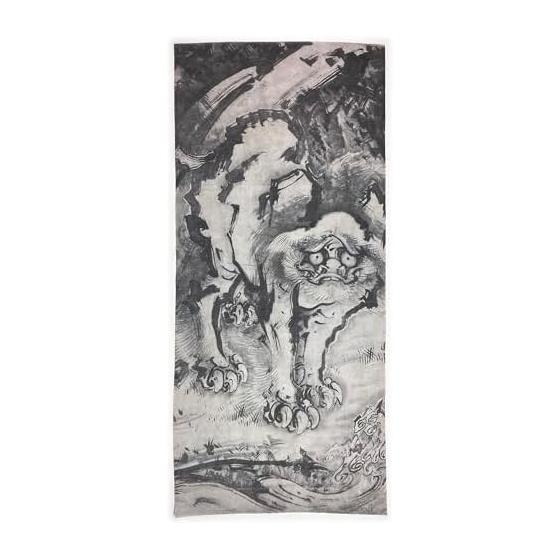 Ukiyo-e Tenugui Towel: Soga Shohaku s  Shishi  (Lion) - Right Scroll, Printed with Reactive Dyes on Premium Tokka Tenugui Fabric