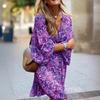 Summer Floral Print Polyester A Line Dress With V Neck And Mid Waist For Casual Wear