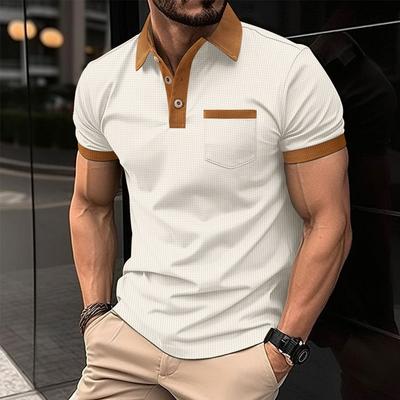 Erkek Waffle Polo Gömlekler Patchwork Renkli Göğüs Cep Kısa Kollu Düğmeli Tişört Yaz Sonbahar Üst