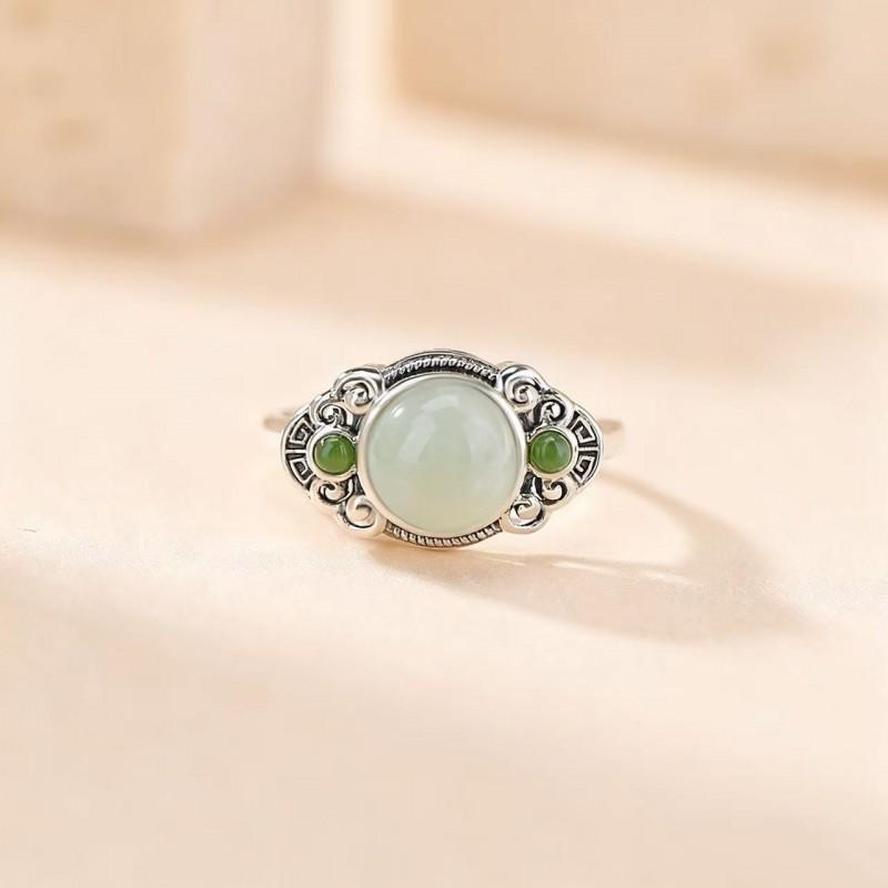 Adjustable Open Ring Women Men Natural Hetian Jade Style Turquoise Green Jadeite With Ruyi Cloud Motif Vintage Boho Ethnic
