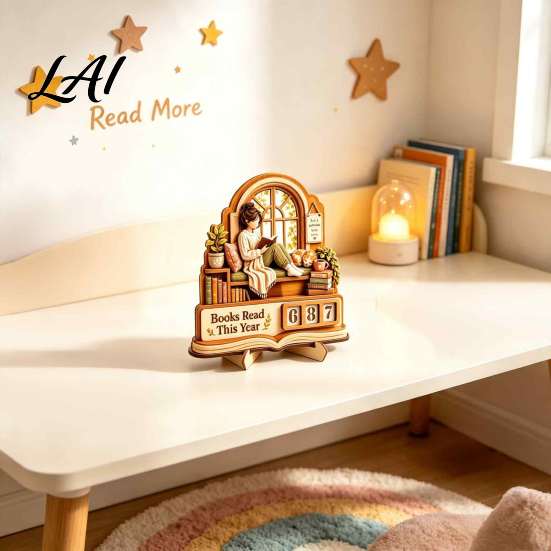 Decorative Girl Reading Ornament Book Read This Year Tracker 3D Layered Wooden Window Goal Tracker Count Stand with Replaceable Number Lover Desktop