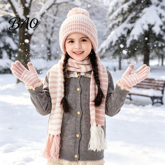 Soft Skin Friendly Winter Set 1 Hat Scarf Gloves for Kids, Fleece Lined Striped Knit with Children Elastic Ribbed Pom Pom, Cozy Toddlers Boys