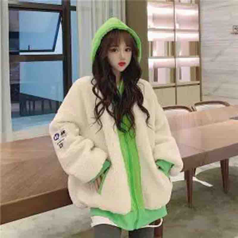 

Универсальное плотное пальто, женская осенне-зимняя корейская версия плюшевой ягненка, искусственная двухсекционная свободная хлопковая куртка с капюшоном XXL