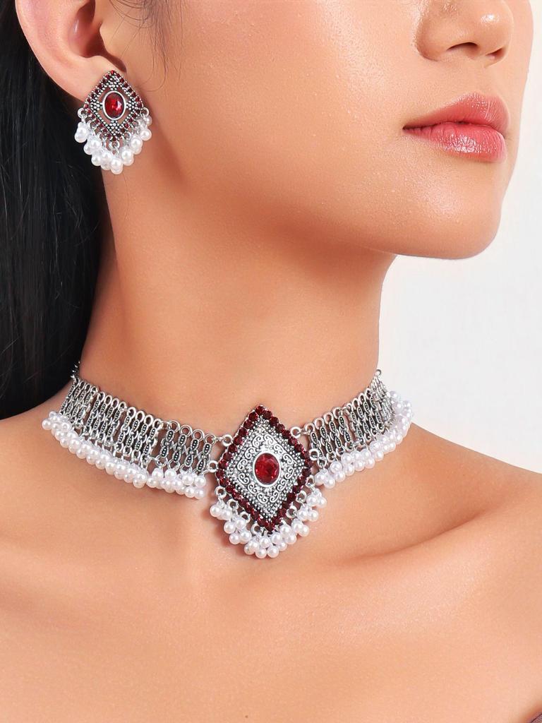 Ethnische geometrische Perlenquaste Rhombus Halsketten- & Ohrring-Set für Damen