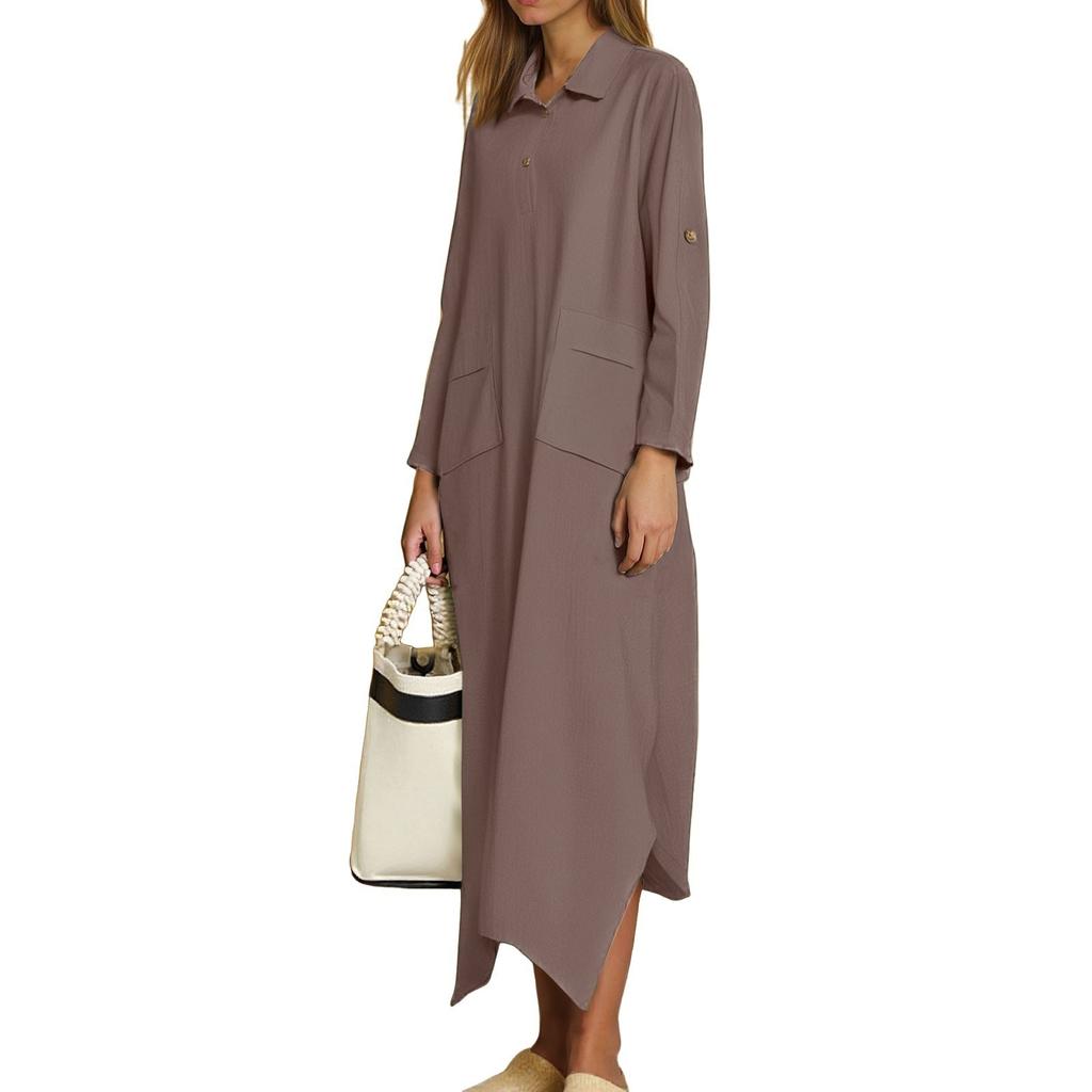 Women's Casual Solid Color Cotton And Linen V-Neck Long Sleeve Button Midi Dress