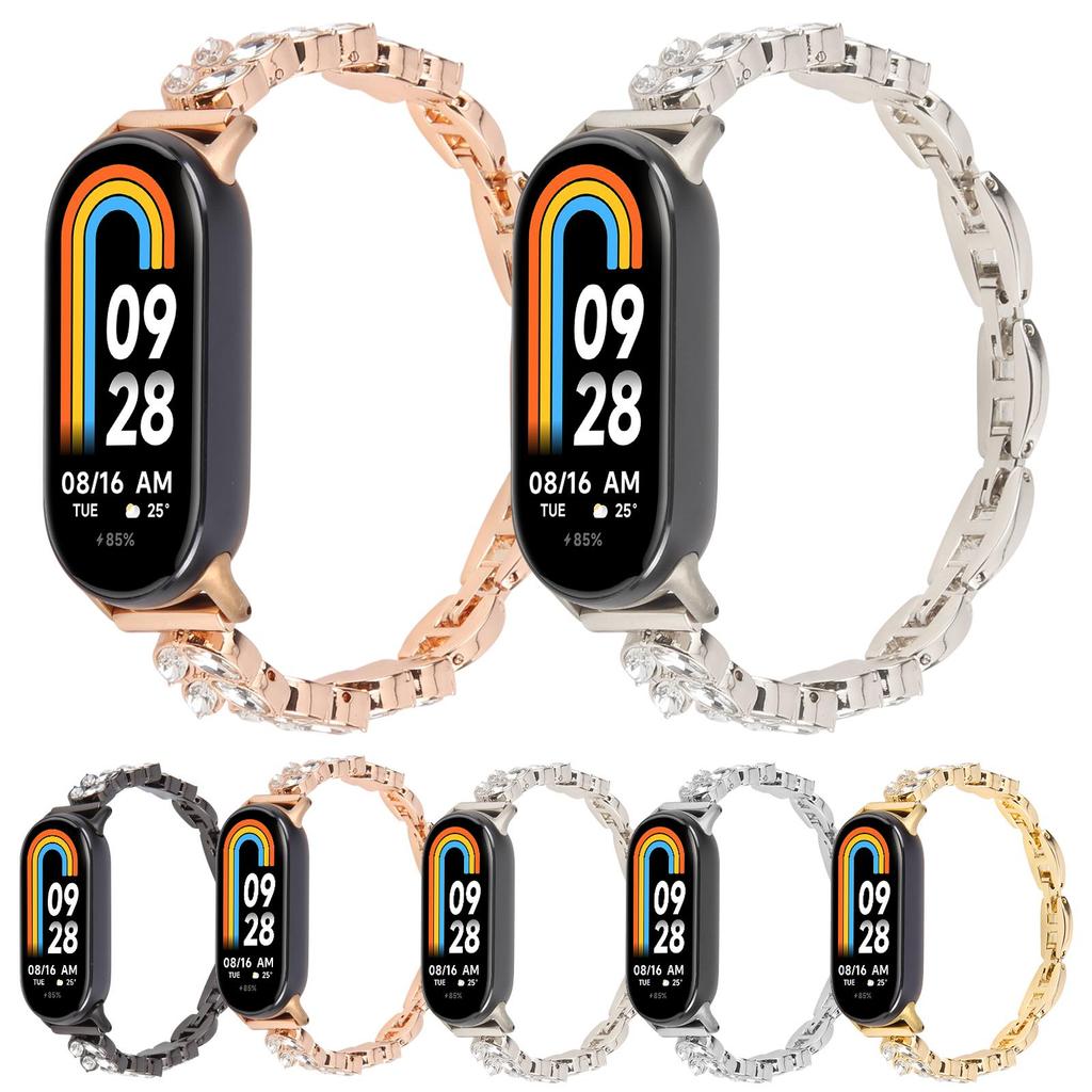 Metal Watch Strap For Xiaomi Smart Band 9 NFC/9/8 Wheat-Shaped Rhinestone Adjustable Wrist Band Replacement Bracelet