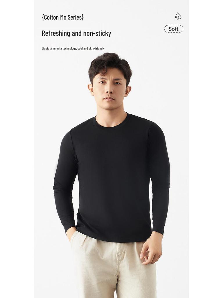 Men's Heavyweight White Cotton Long Sleeve T-Shirt - Casual Loose Fit, Round Neck for Spring & Autumn