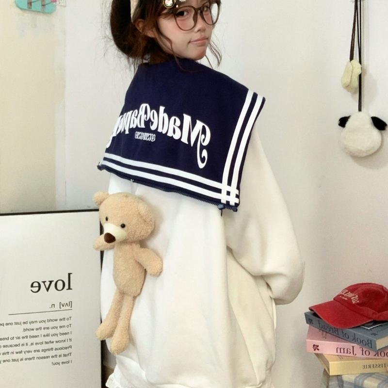 

Женская толстовка с капюшоном и воротником темно-синего цвета, свободный свитер в стиле колледжа, съемный топ с маленьким медвежонком One Size белый