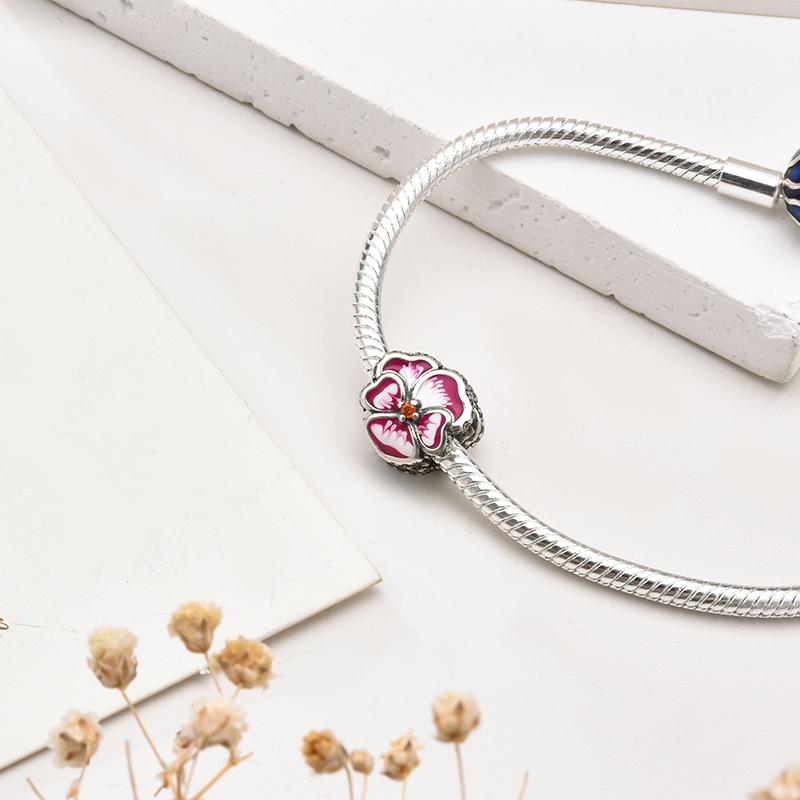 Pink Blue Purple Pansy Flower Charm Bead Accessories Gift fit European Original Silver Bracelet DIY Jewelry for Women