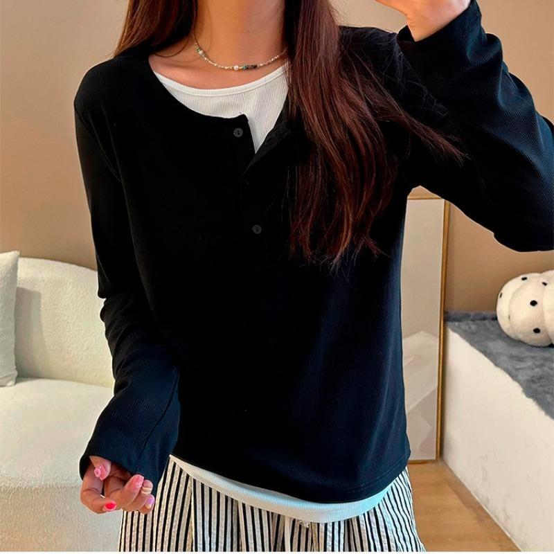 Spring Contrasting Color Splicing Fake Two-piece Top Women's Single-breasted Bottoming Shirt Commuter Long-sleeved T-shirt