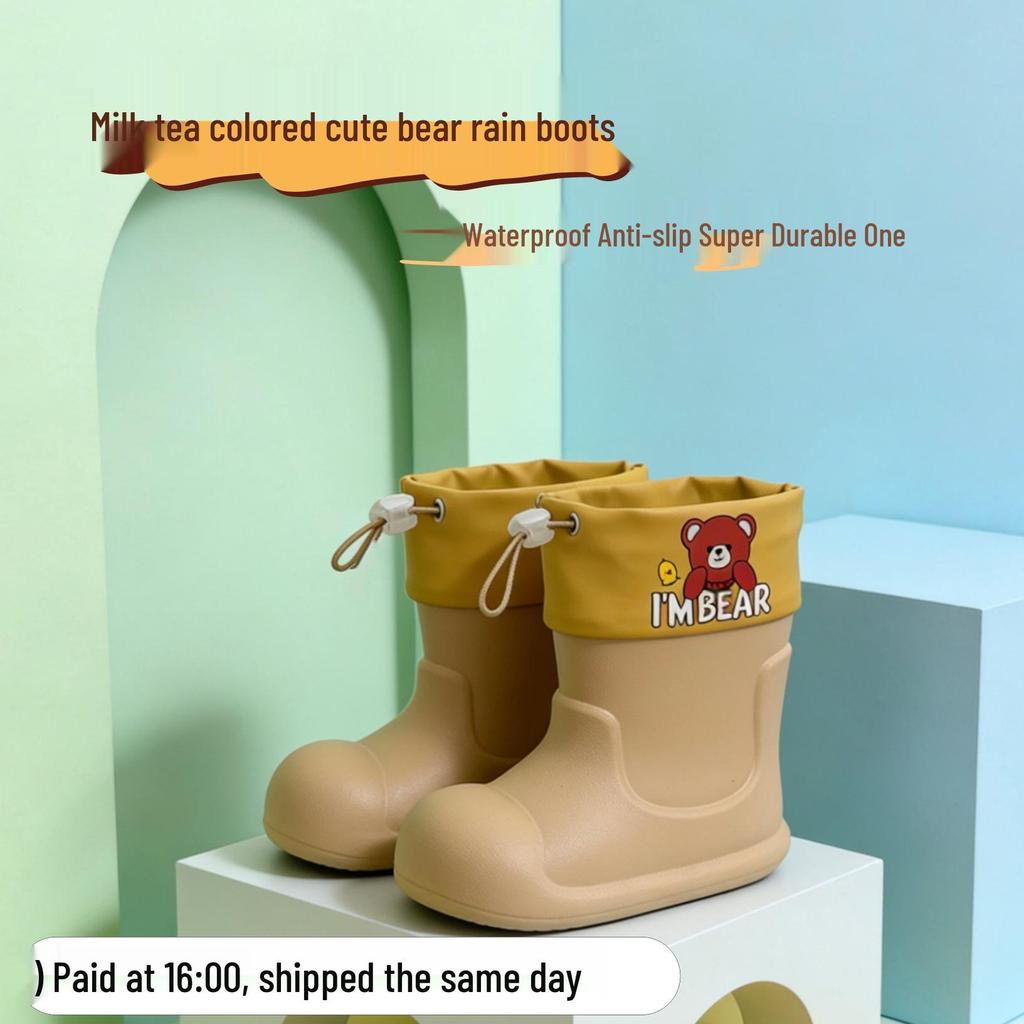 Pink Macaron Bear Pattern Kids' Non-Slip Waterproof Rain Boots - Cute and Soft for Babies and Kindergarteners