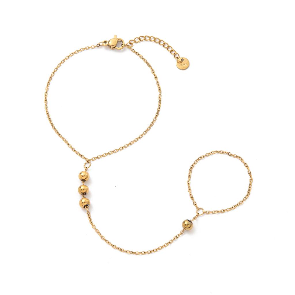 Stylish 18k Gold-Plated Titanium Bracelet with Diamond-Studded Bead & Finger Chain