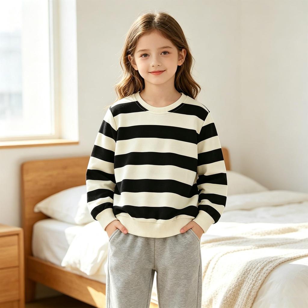 Sudadera de Manga Larga a Rayas con Cuello Redondo para Niños y Niñas, Jersey Casual Cómodo para Otoño e Invierno
